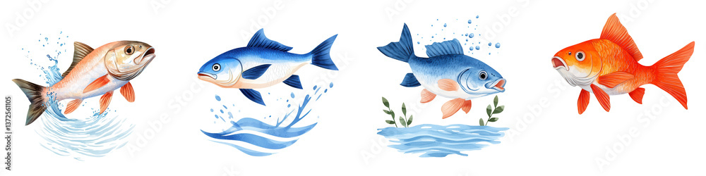 Fototapeta premium Colorful Fish Illustrations with Water Splash Effects in Design
