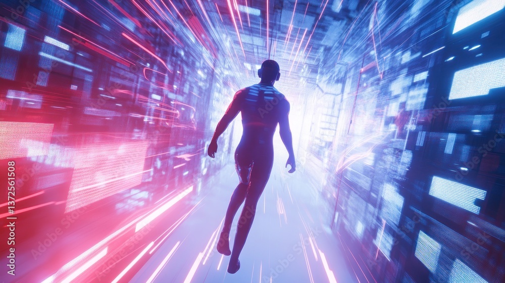 Cybernetic runner surges through the digital realm of light and data streams Cybernetic runner surges through the digital realm of light and data streams