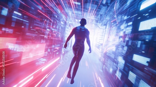 Cybernetic runner surges through the digital realm of light and data streams