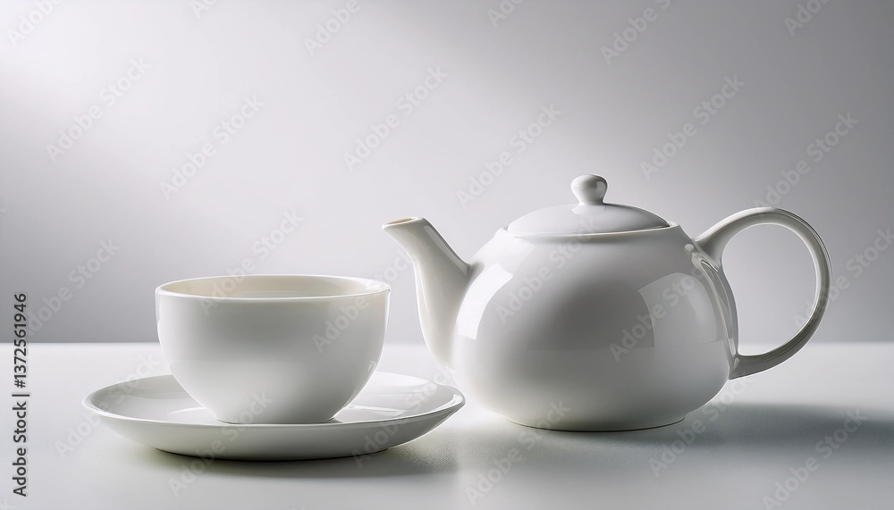 Tea Afternoon - A minimalist tea setup with a single white porcelain cup and a teapot on a smooth, bright surface Tea Afternoon - A minimalist tea setup with a single white porcelain cup and a teapot on a smooth, bright surface