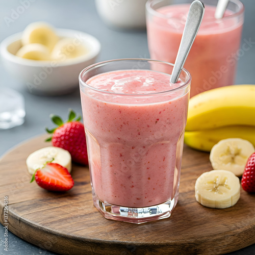 Milkshake with strawberries and bananas. Fresh fruit and vitamins, idea for a snack or breakfast.