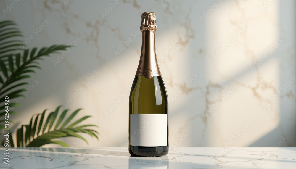Wine bottle label mockup. Elegant bottle mockup with blank label and tropical decor Wine bottle label mockup. Elegant bottle mockup with blank label and tropical decor