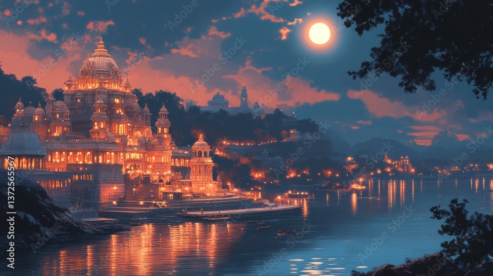 Fototapeta premium Night View Of City By The Water. Majestic Architecture Illuminated Under A Full Moon. Fantasy Landscape In Blue And Orange Tones.