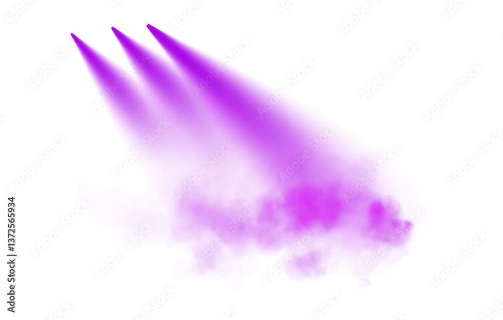 Obraz premium Featuring multiple purple spotlights shining at various angles, with light beams diffused through a subtle mist, set against a transparent background. PNG. 