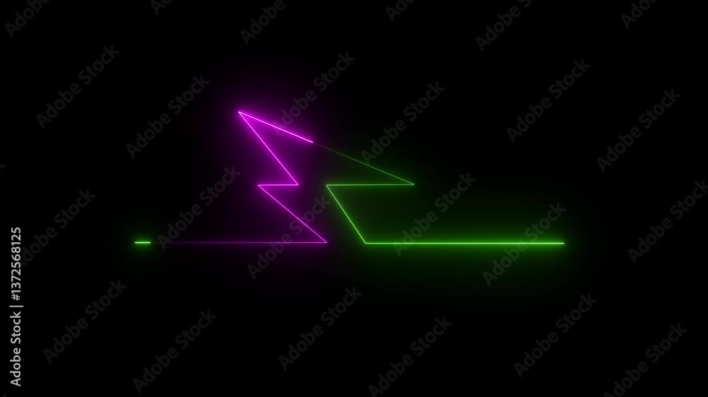 Neon Battery charging power symbol, black background  lightning bolt sign in the circle. 