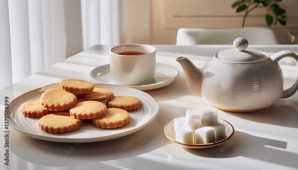 Tea Party - A contemporary tea party setup with a simple teapot, sugar cubes, and a plate of biscuits in a symmetrical layout Tea Party - A contemporary tea party setup with a simple teapot, sugar cubes, and a plate of biscuits in a symmetrical layout