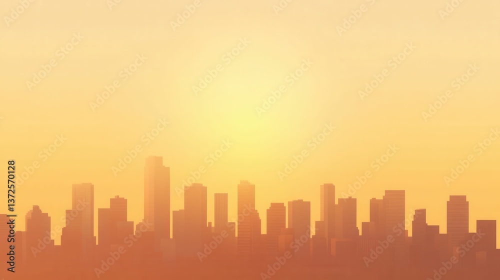 Fototapeta premium Golden sunset, hazy cityscape silhouette.