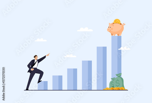Businessman sets a goal about business development and income growth, man strives forward and upward on the growing graph to the piggy bank, banner. Flat vector illustration.