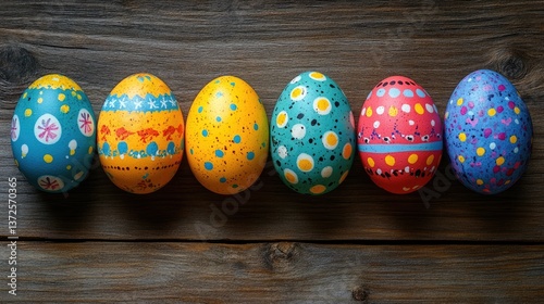 Colorful Easter eggs with diverse patterns and designs, arranged on a wooden background, captured in a top view, ideal for festive decorations, seasonal greetings, and creative design inspirations.

