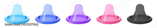Colorful rolled up latex condom transparent PNG set bundle, isolated background. Cyan, blue, purple, pink, black color. Condoms, safe sex protection contraceptive, STD prevention, sexual health