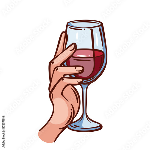 Hand holding glass of red wine line icon. Outline hand drawn transparent cup in palm. Cheers, sommelier mascot, wine for celebration with friends, alcohol party in club icon vector illustration