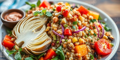 Vibrant artichoke & quinoa salad with colorful veggies & nuts, colorfulfood, ingredients photo
