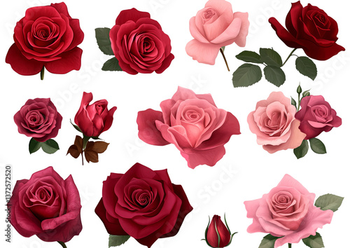 set of red and pink roses, cut out on a transparent background