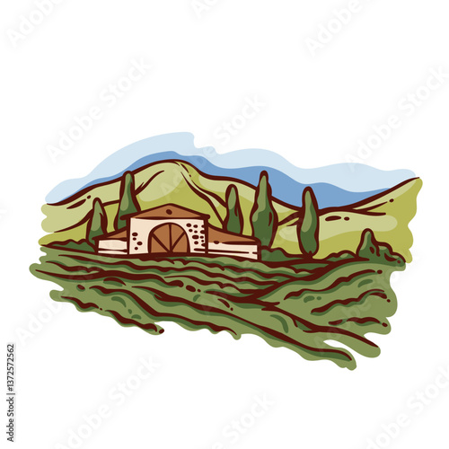 Vineyard landscape line icon. Outline hand drawn green farm fields and hills with growing grape, rustic house and trees. Agriculture, wine mascot, countryside vineyard icon vector illustration