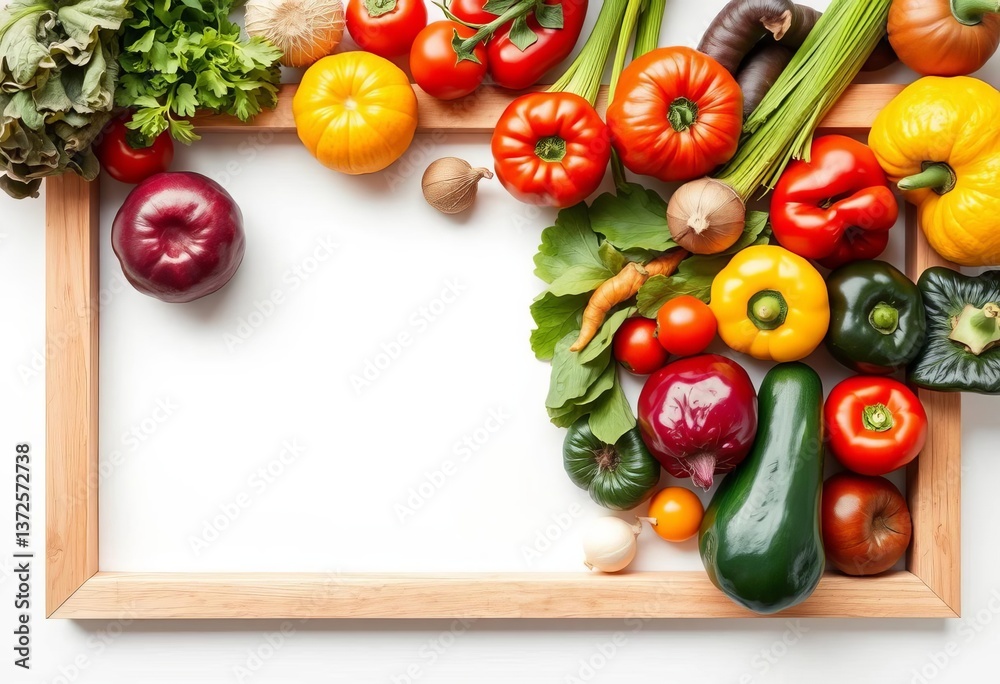 Vibrant assortment of fresh vegetables arranged in a wooden frame on white, carrot, cooking Vibrant assortment of fresh vegetables arranged in a wooden frame on white, carrot, cooking