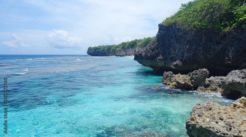 Obraz premium Tropical Coastline, Clear Turquoise Water, Rocky Cliffs, Beach in Background