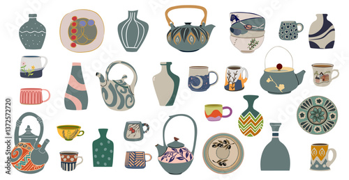 Collection of modern ceramic kitchen utensils or crockery - cups, mugs, dishes, bowls, plates. Set of decorative tableware items isolate