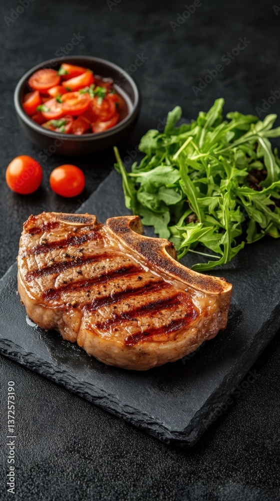 Grilled ribeye steak on black slate with tomato salad and arugula for a gourmet dining experience in a food photography style Grilled ribeye steak on black slate with tomato salad and arugula for a gourmet dining experience in a food photography style