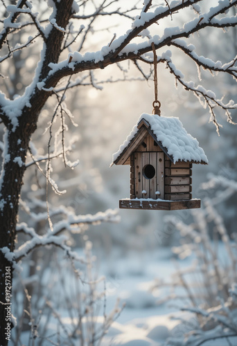 Cozy wooden birdhouse hanging on snowy tree branch in peaceful winter forest