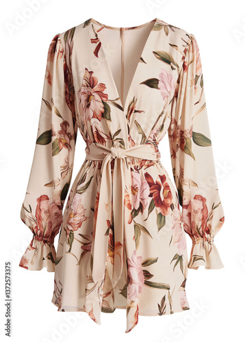 Beige floral print mini dress with long sleeves and a waist tie, transparent background