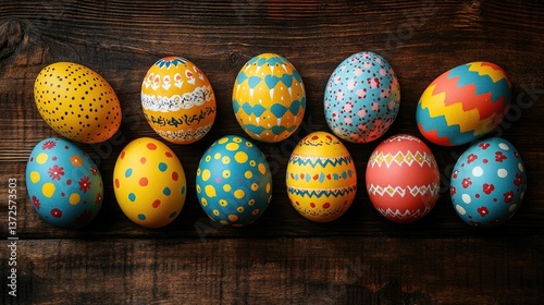 Colorful Easter eggs elegantly arranged on a wooden background, perfect for holiday decorations, seasonal greetings and creative design inspiration

