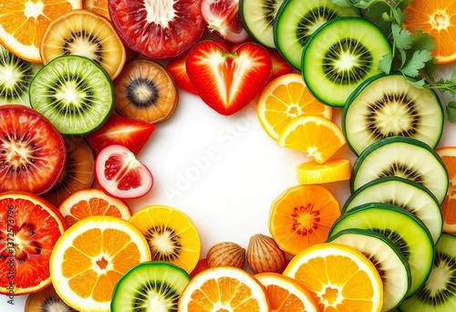 Fototapeta Naklejka Na Ścianę i Meble -  Vibrant circle of sliced fruits & vegetables arranged by color, fruit art, yellow
