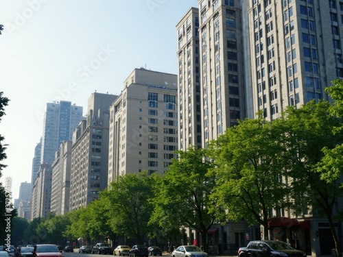 Busy city street with tall buildings and trees lining the sidewalk. The sky is clear and the sun is shining