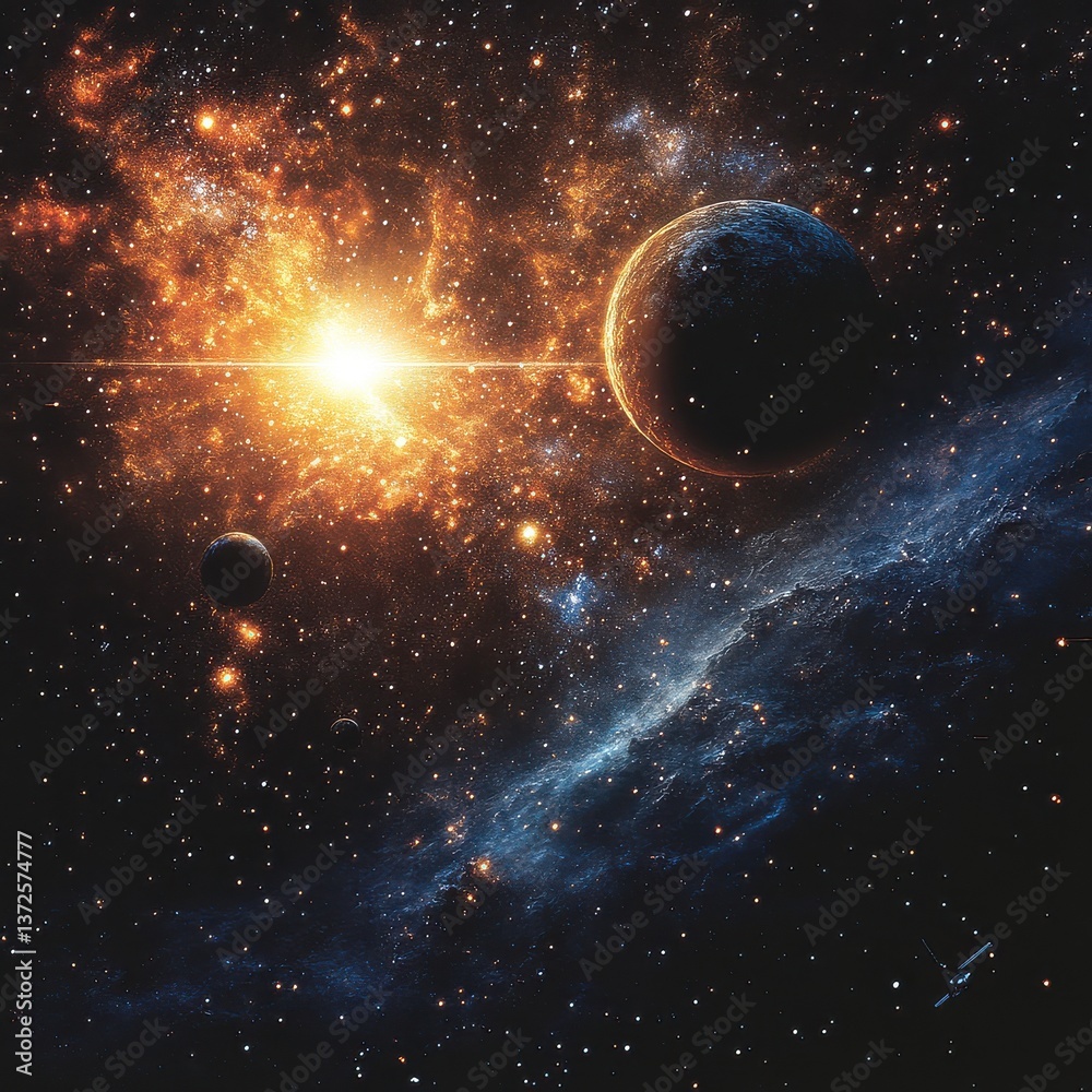 Obraz premium A breathtaking giixel view reveals a vibrant nebula illuminating a planetary system with a blazing star at its core, showcasing stunning cosmic detail and the awe-inspi