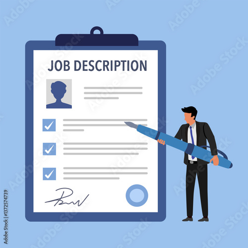 Work Descriptions Concept, Recruitment Headhunting, Company employee writing job, duties and responsibilities for work, set flat vector modern illustration