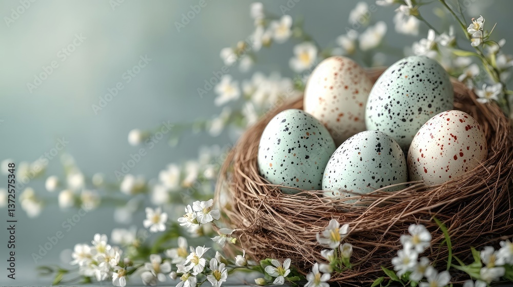 Fototapeta premium Easter eggs nestled in a bird's nest and willow branches with white flowers on a grey background. Perfect for holiday greetings and seasonal promotions. 