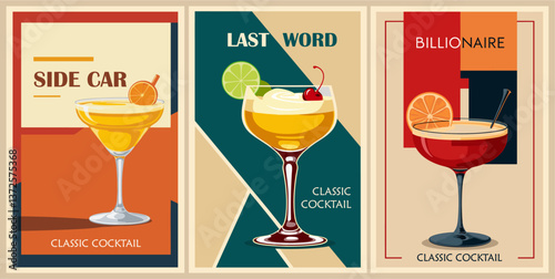 Cocktails retro poster set. Last World, Sidecar, Billionare. Collection of popular alcohol drinks. Vintage style vector illustrations, bar, pub, restaurant, kitchen wall art print
