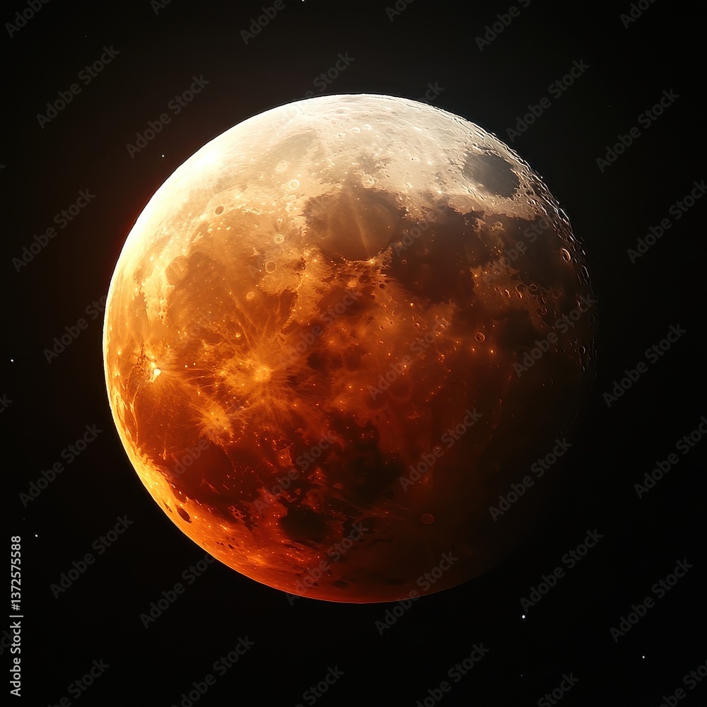 Fototapeta premium A stunning high-resolution image depicts a vibrant blood moon du a total lunar eclipse captured from a terrestrial observatory showcasing the celestial event's breathtaking
