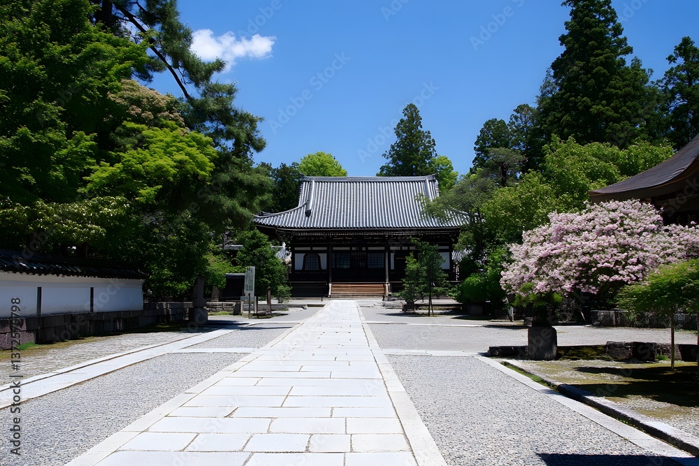 Fototapeta premium Tranquil temple path through green trees under a blue sky