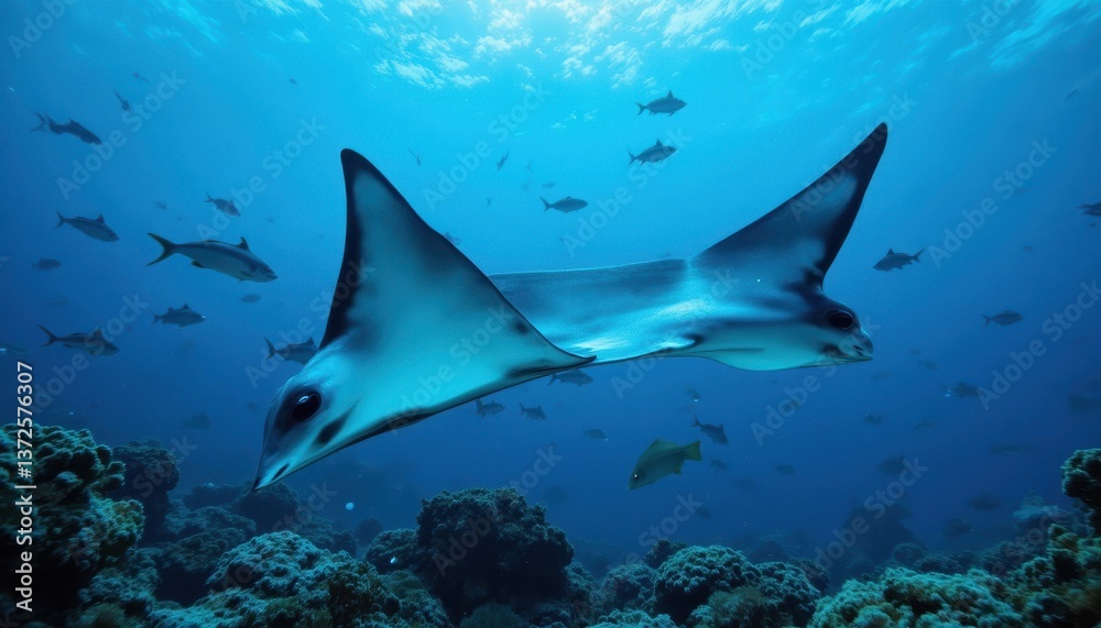 Fototapeta premium Flock of manta ray swimming among fish and corals in ocean, created with.