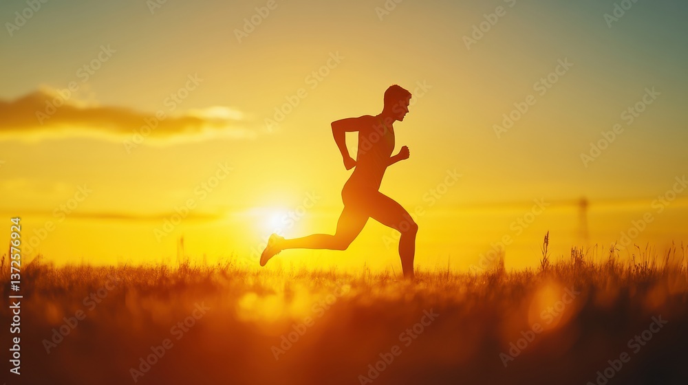 Dynamic silhouette of a runner sprinting against a stunning sunrise with golden rays illuminating the early morning sky Dynamic silhouette of a runner sprinting against a stunning sunrise with golden rays illuminating the early morning sky