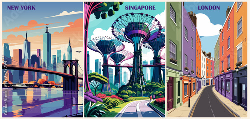 Set of Travel Destination Posters in retro style. Singapore, New York, London prints. Exotic summer vacation, holidays concept. Vintage vector colorful illustrations.