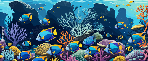 Underwater life at sea or ocean bottom. Exotic undersea world with coral reef, seaweeds and aquatic habitats in depth. Colored flat cartoon vector illustration of scenic marine landscape or seascape