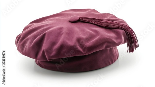 Elegant maroon velvet doctoral bonnet with tassel on white background symbolizing academic achievement and scholarly distinction in higher education
