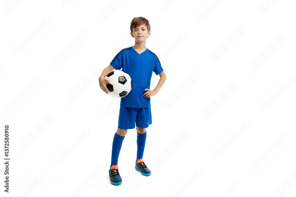 Confident boy in blue sport outfit posing with classic soccer ball over white background Confident boy in blue sport outfit posing with classic soccer ball over white background