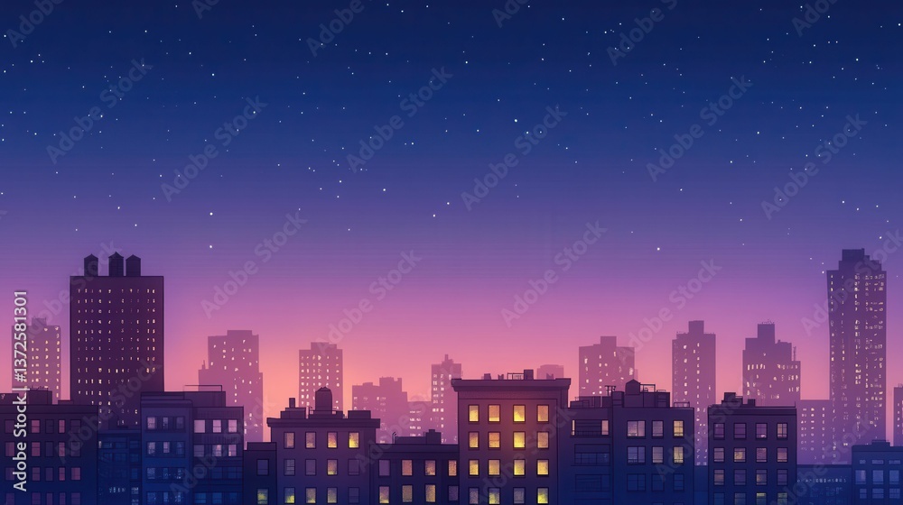 Fototapeta premium Night city skyline, illuminated buildings, starry sky.
