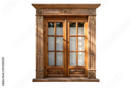 Traditional style window with decorative wood trim.