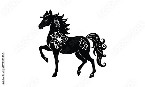 Floral Decorated Horse Black Silhouette