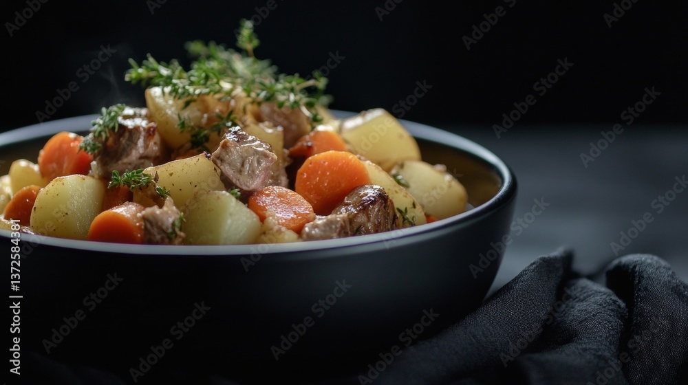 Traditional Irish lamb stew with vegetables in a dark bowl on a rustic background Traditional Irish lamb stew with vegetables in a dark bowl on a rustic background
