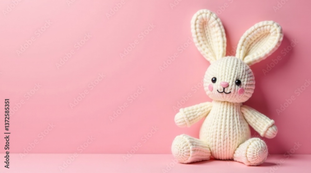 Obraz premium Adorable Knitted Bunny Toy on Pink Background, Perfect for Springtime or Easter Celebrations