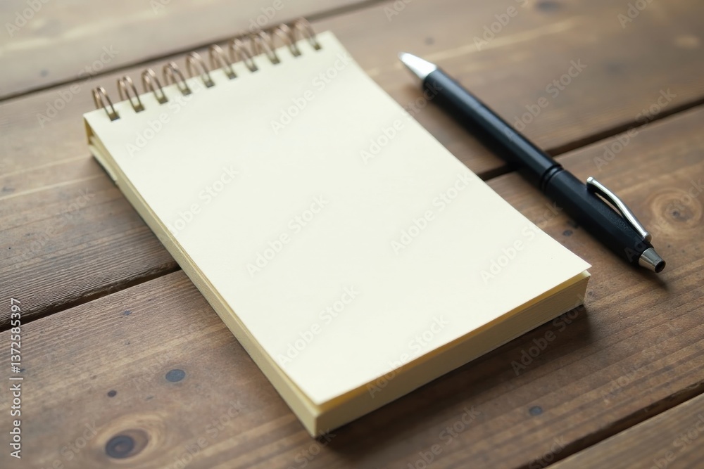 Blank Spiral Notebook and Pen on Wooden Surface A Workspace Ready for Ideas and Notes Blank Spiral Notebook and Pen on Wooden Surface A Workspace Ready for Ideas and Notes
