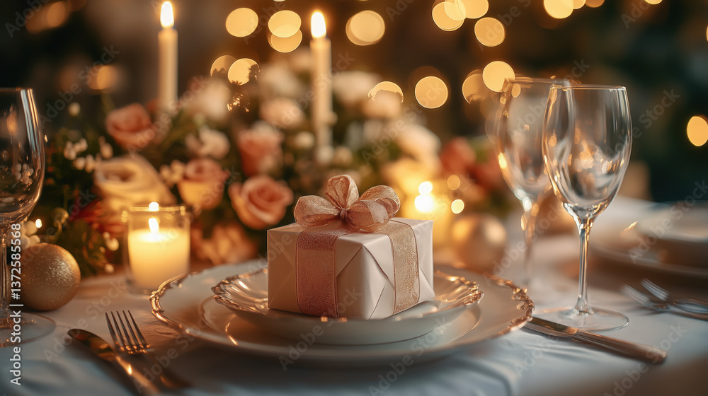 a festive birthday dinner setup with elegant decorations, candlelight, and a beautifully wrapped gift a festive birthday dinner setup with elegant decorations, candlelight, and a beautifully wrapped gift