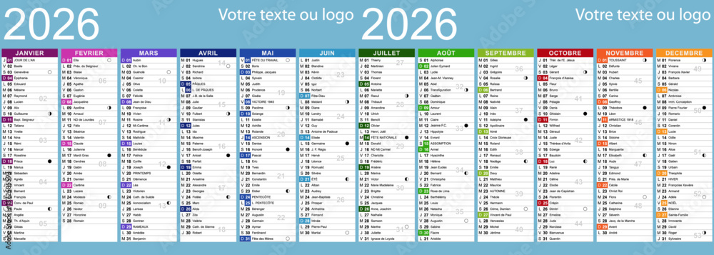 Fototapeta premium Calendrier 2026 pour impression produits publicitaires avec saints, fêtes et cycles de la lune - Textes vectorisés et non vectorisés sur calques séparés