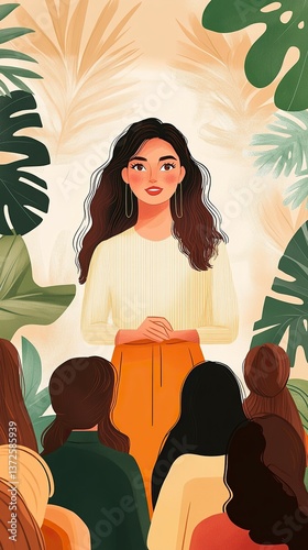 A woman speaks to a group, surrounded by tropical leaves, in an illustration with warm tones and soft lines.