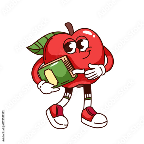 Groovy red apple cartoon character walking with paper book to read. Funny retro personage reading. Fruit, education mascot, cartoon bookworm apple student sticker of 70s 80s style vector illustration