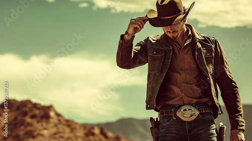 A rugged cowboy tipping his hat, standing against a desert backdrop.